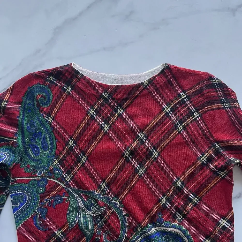 Talbots Merino Wool Sweater Sz SmallRed Plaid Paisley Holiday Christmas Preppy - Picture 4 of 9